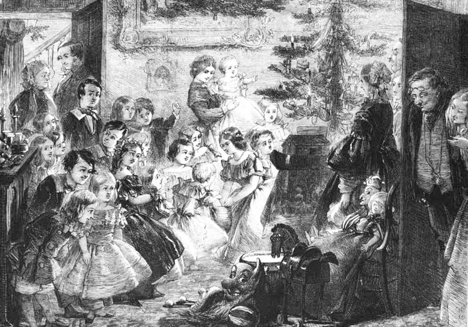 Black and white illustration on children playing games near a Christmas tree
