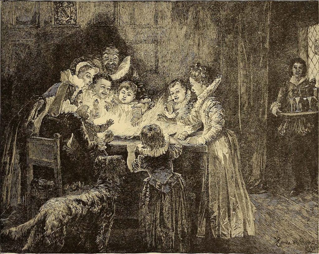 Black and sepia illustration of children around a table with a bowl in the middle.